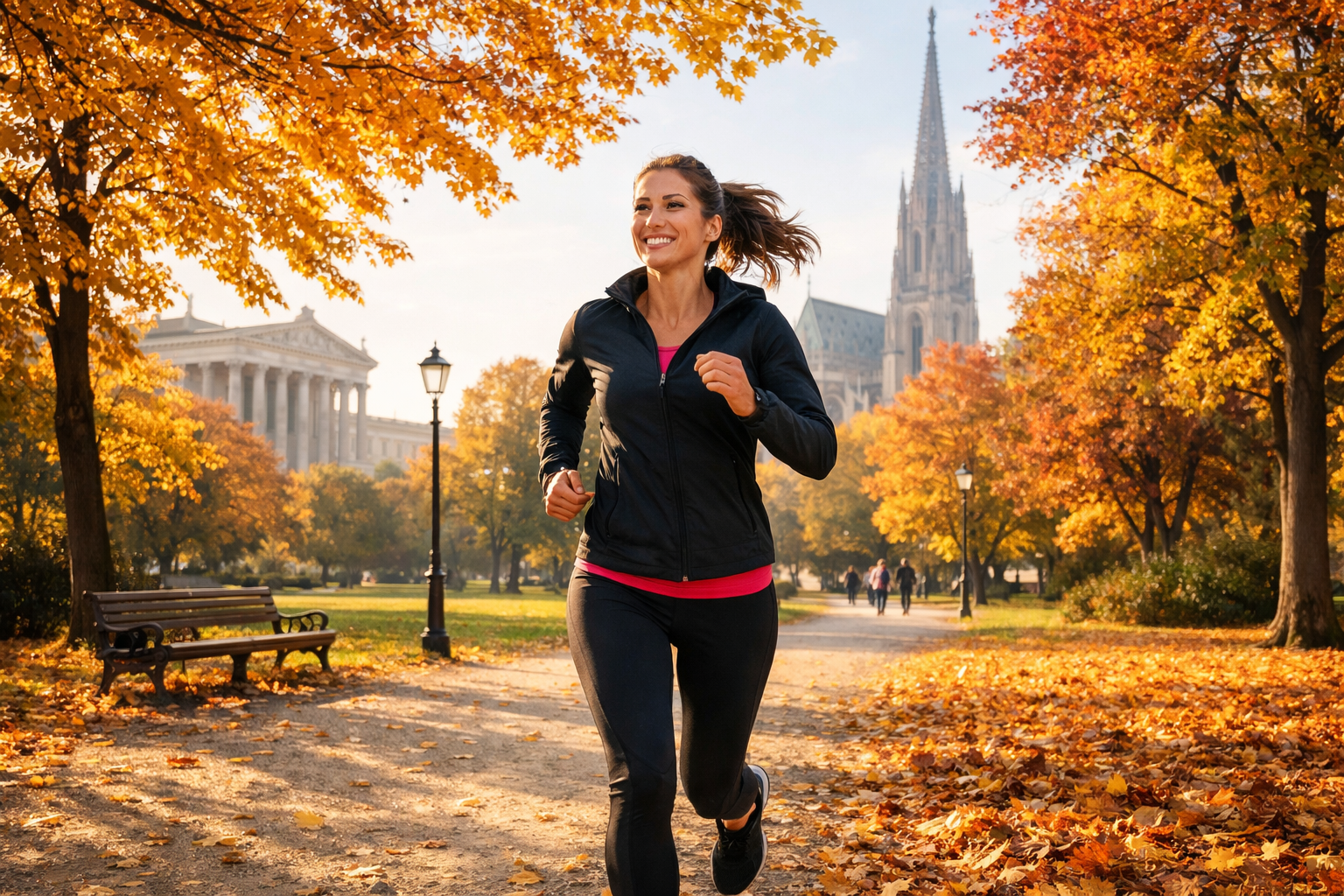 Frau joggt durch einen herbstlichen Park in Wien, energetisch und frei