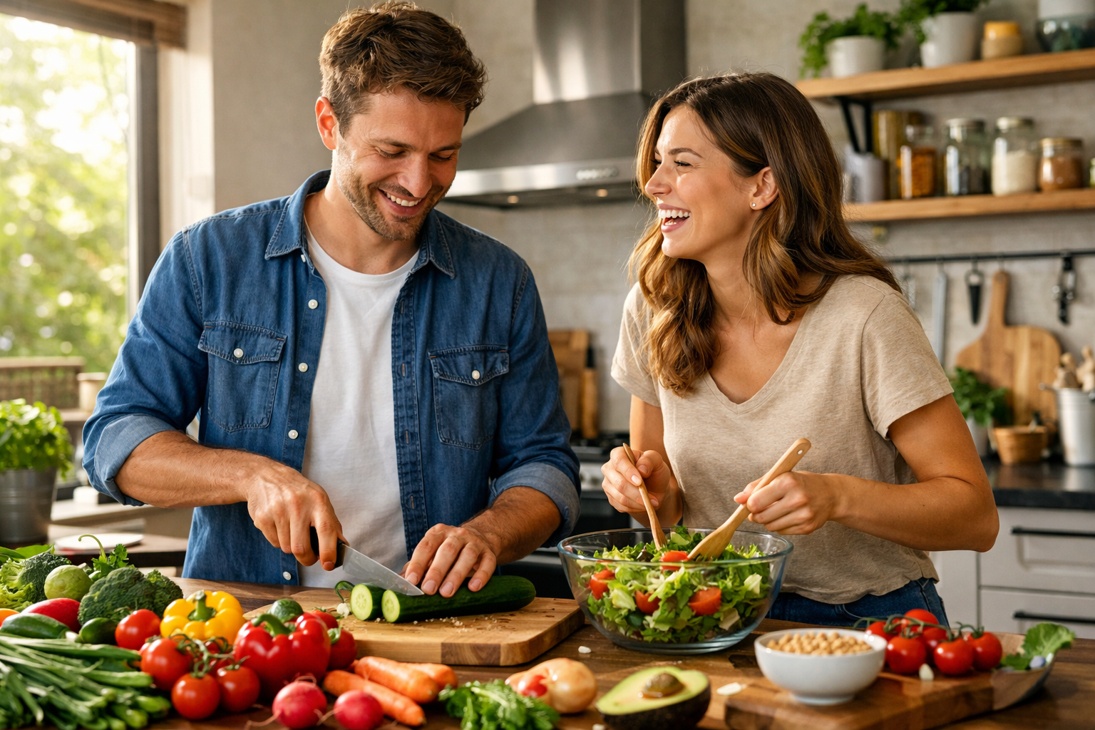 Aktives Paar bereitet gemeinsam ein gesundes Frühstück in einer modernen Küche vor